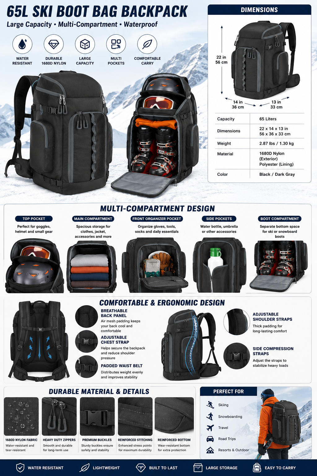65L Waterproof Ski Boot Bag Backpack, Durable 1680D Nylon Travel Bag for Skiing, Snowboarding, Helmet, Goggles & Winter Gear