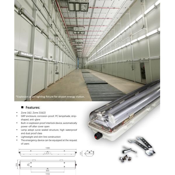 Luz fluorescente a prueba de explosión certificada ATEX y IECEx. IP66 Iluminación lineal a prueba de llamas para áreas peligrosas.