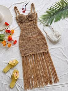 Bohemian Summer Dress with Handmade Braided Rope Trim in Flattering Tropical Orange Tone and Premium Light Sweater Knit