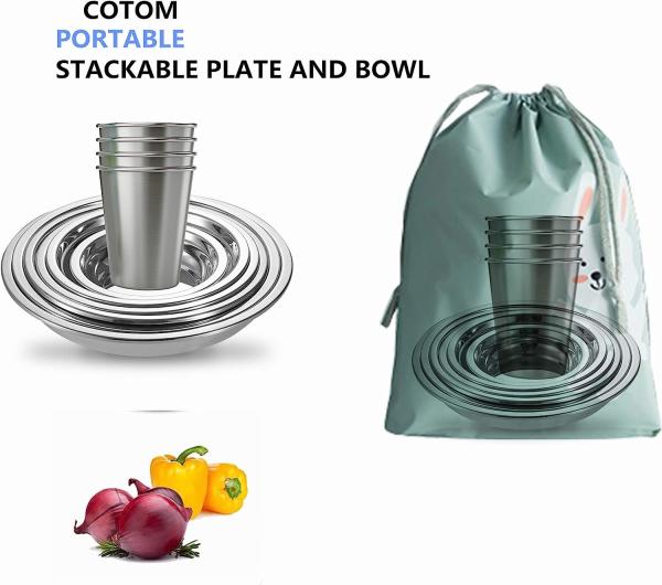 Stainless Steel Camping Plates Cups And Bowls Set. Camping Dish Set, Camping Mess Kits, Dinnerware Set