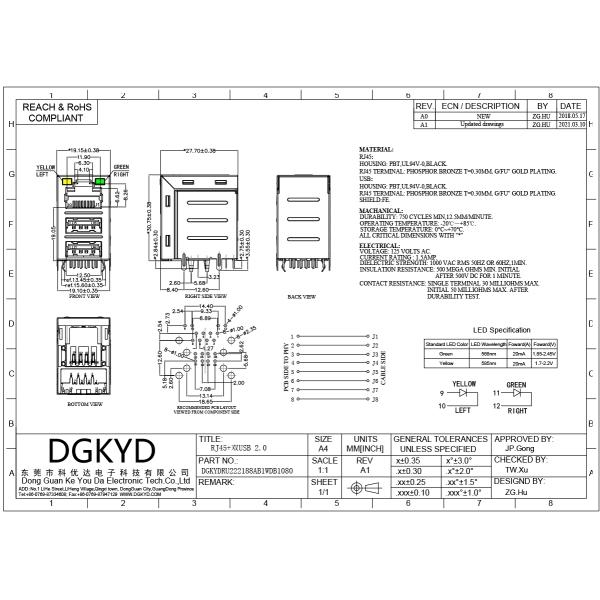 RJ45 Connector With Dual USB 2.0 Socket, No Filter, Light Strip, Shielding, Stacked Network Port DGKYDRU22188AB1WDD1080