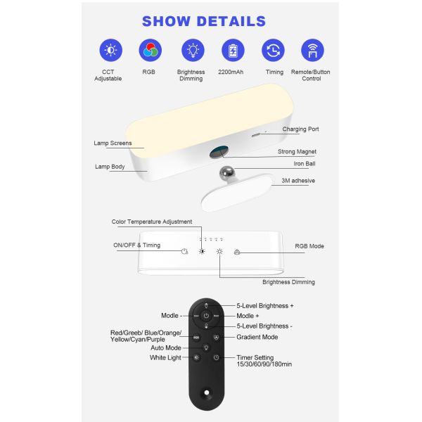 Modern Rechargeable RGB Up Down LED Wall Lamps 200LM Indoor Sconces Interior Bracket Lights Home Indoor Accent Lighting
