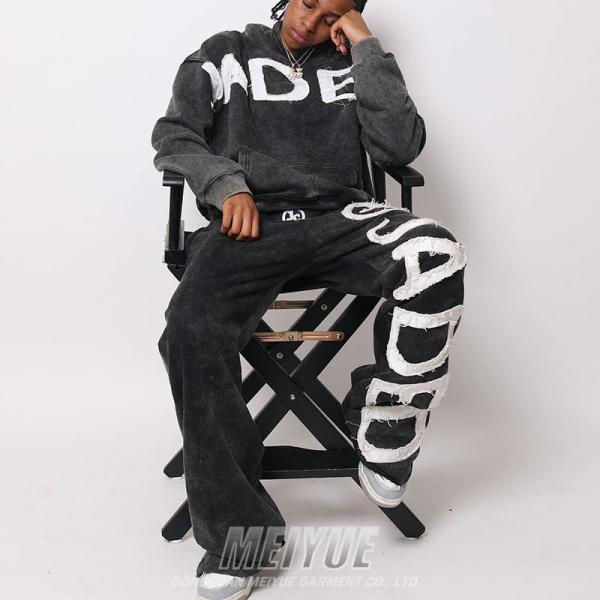 Breathable Mens Streetwear Tracksuit Pullover Acid Wash Applique Embroidery Patch Distressed