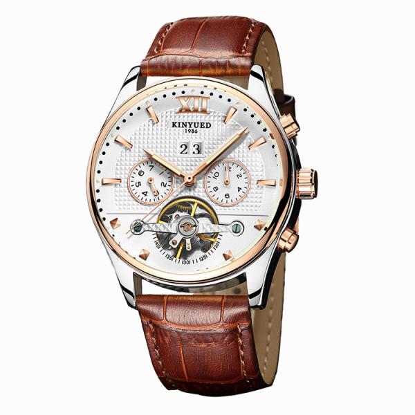 KINYUED Power Reserve Sport Custom Waterproof Watch Genuine Leather Strap For Watch Mechanical Wristwatch