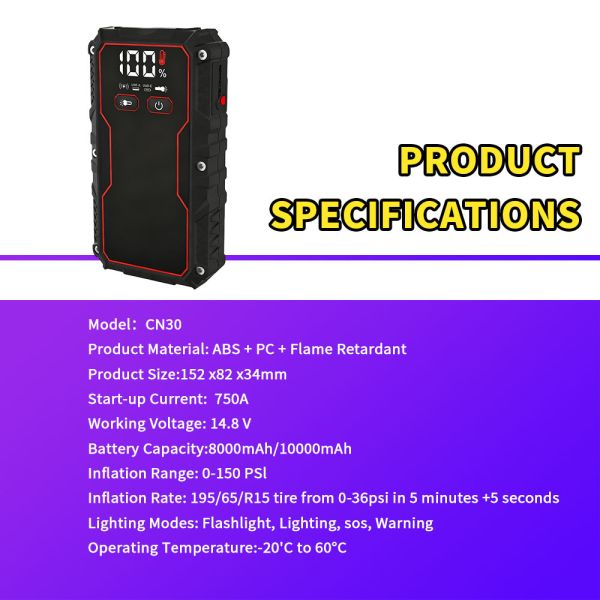 Portable 6-in-1 Jump Starter with Air Compressor 150PSI Tire Inflator Power Bank LED Flashlight SOS 12V Car Battery Booster for All Gas Vehicles
