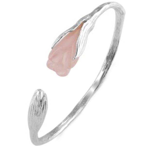 Handcraft Sterling Silver Cuff Bracelet with Sculpted Rose Quartz Gardenias (B6032401ROSE)