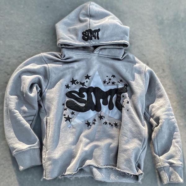 Puff Print Jacket Fleece Cotton Cropped Cut Edge Raw Hem Puff Printing Hoodie Men