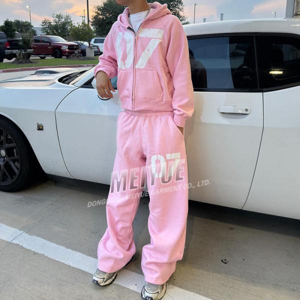 Ensemble de survêtement à capuche zippée surdimensionnée avec impression personnalisée rose, pantalon de jogging évasé ample rose, survêtement pour hommes