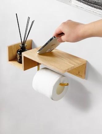 Wood Toilet Paper Holder Wooden Toilet Paper Holder with Macrame Style Phone Holder Easy Storage Wall Shelf