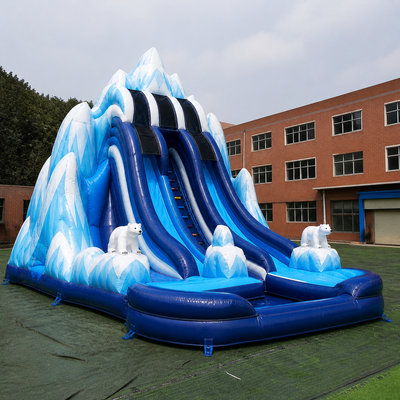 Commercial Polar Expedition Dual Lane Inflatable Slide with Ice Mountain Theme High Side Walls and Landing Pool