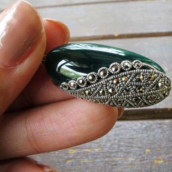 Thai 925 Silver Green Agate Marcasite Pendant and 18 Inches Chain(N11065GREEN)