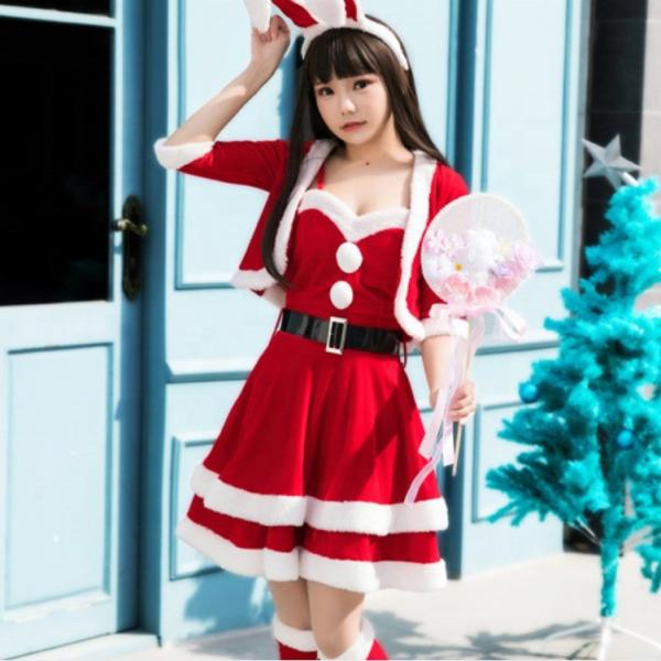 Vestido de Navidad 2023 Rojo con accesorios Mujeres adultas Set de 5 piezas Traje de cosplay