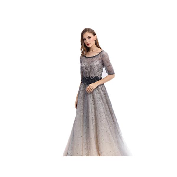 Gradient Ramp Half Sleeve Formal Dresses , Sequined Sash Long Formal Dresses