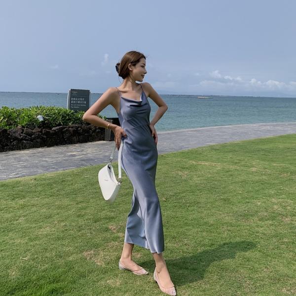 Satin Sling Strap Women's Beachwear Dresses 125cm Sleeveless