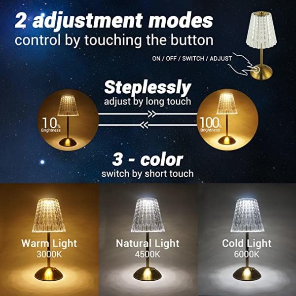 CE Bedside Night Light 3 Color Metal Crystal Bedside Lamps For Bedroom