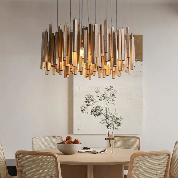 Dining Living Room Farmhouse Kitchen Table Solid Wood Led Pendant Chandelier Lamp Retro Wooden Hanging Chandelier (WH-VP-320)