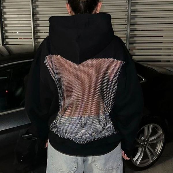 Customize Solid Rhinestone Bling Hollow Out Hoodie Backless Design Eye-Catching Must-Have Polyester/Cotton Oversized Breathable