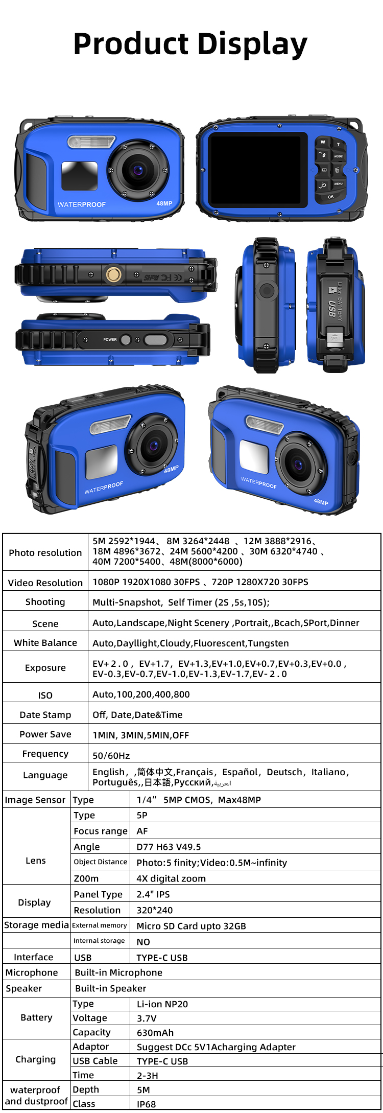 Retro HD 1080P Waterproof Camera 2.4 Inch Screen IP68 5M Waterproof Auto Focus 4X Digital Zoom Underwater Camera for Diving