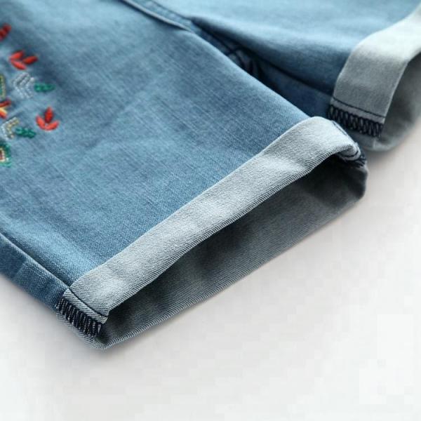 Flower Embroidery Girls Denim Shorts Knee Length With Adjustable Size Waist