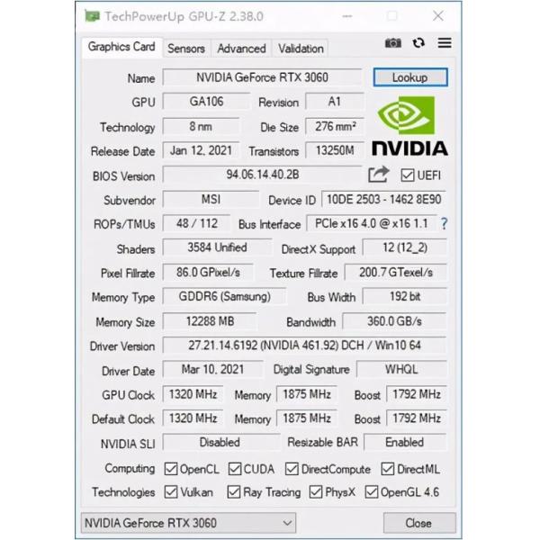 8nm Mining Graphic Card GTX 3060 12gb 14000MHz Dual Fans For Workstation
