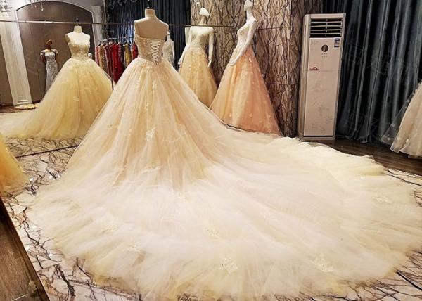 Comfortable Strapless Ladies Bridal Gown Cream Princess Long Tulle Tail