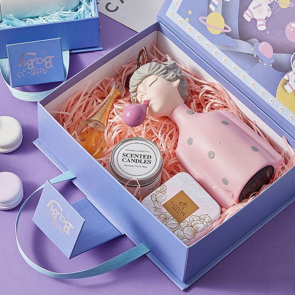 Conjunto de caja de regalo de dibujos animados de bebé lindo, rosa y lavanda, embalaje de regalo, juguete de peluche, velas, juegos de regalo, cajas de presentación vacías de primera calidad