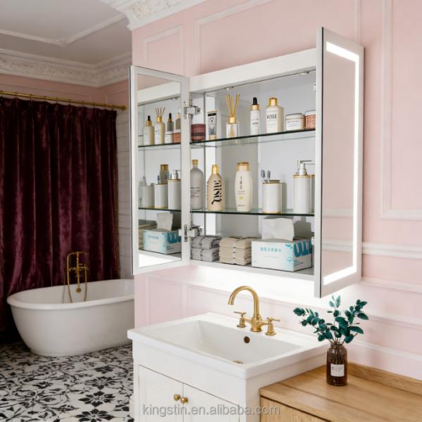 Kingstin Space-Saving Bathroom Mirror with LED Lights & Built-in Storage Cabinet Single Door for Modern Toilet Vanity