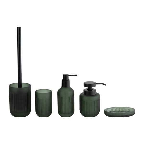 Dark Green Glass Bathroom Countertop Accessories Modern Round Soap Dish and Toothbrush Tumbler Holder with Ribbed Stripe