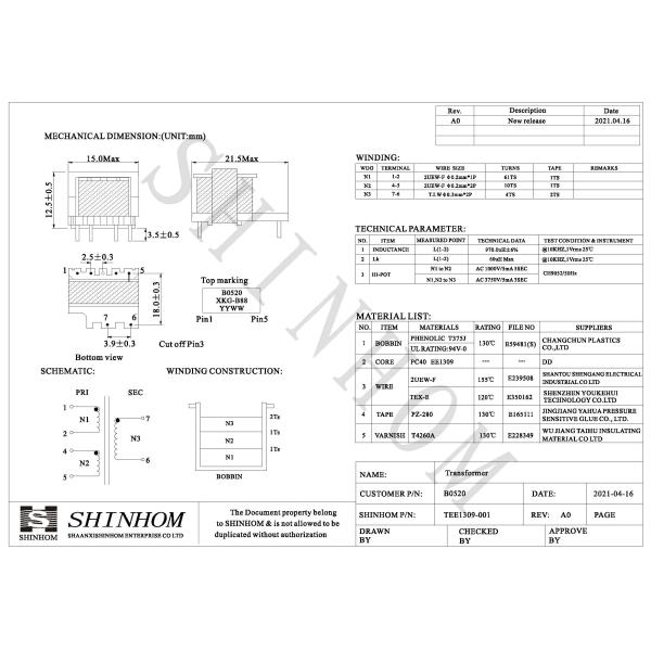 10KHz Ferrite Core UL EE1309 High Frequency Transformer