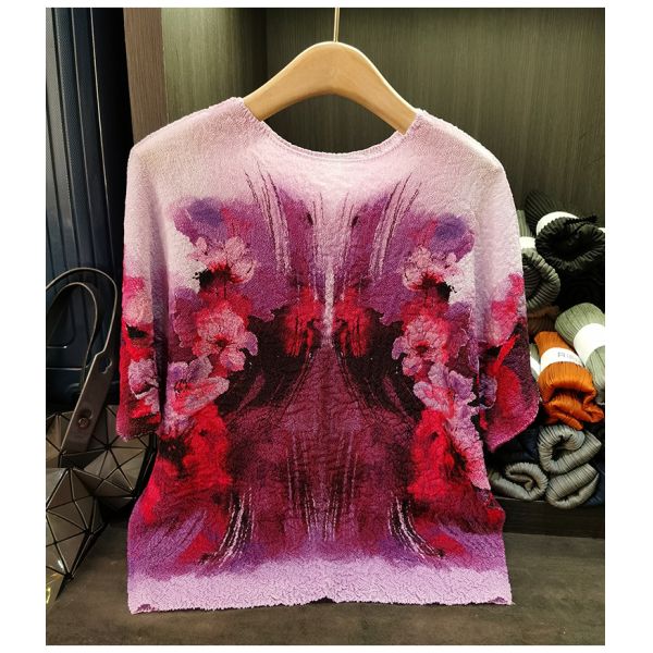 Niche Design Sense Heavy Industry Summer Women's New Neck Bat Sleeve T-shirt Ink Printed Jersey Short Casual Bat Wing Sleeves