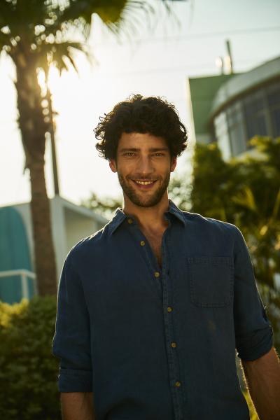 Linen Dark Blue Men Shirt Garment Dyed Loose Long Sleeves
