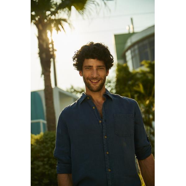 Linen Dark Blue Men Shirt Garment Dyed Loose Long Sleeves