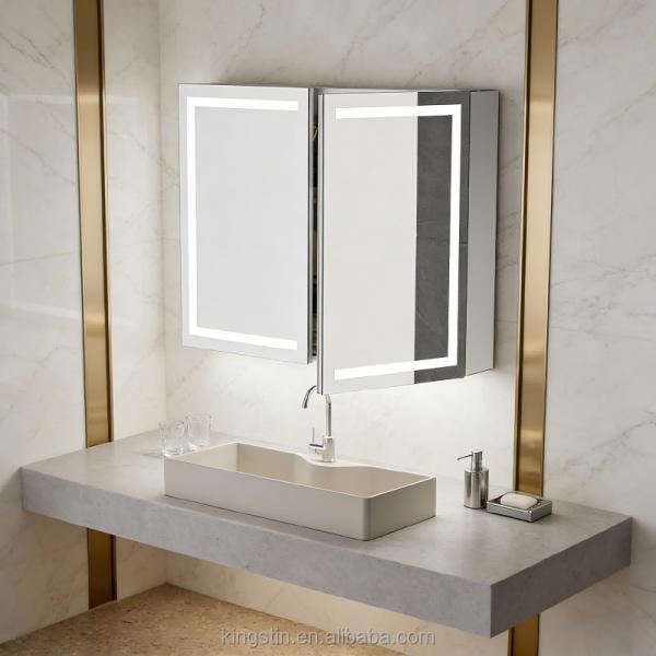 Kingstin Double Door LED Lighted Bathroom Mirror Cabinet with Storage Shelves Anti-Fog Illuminated Mirror for Vanity Setup