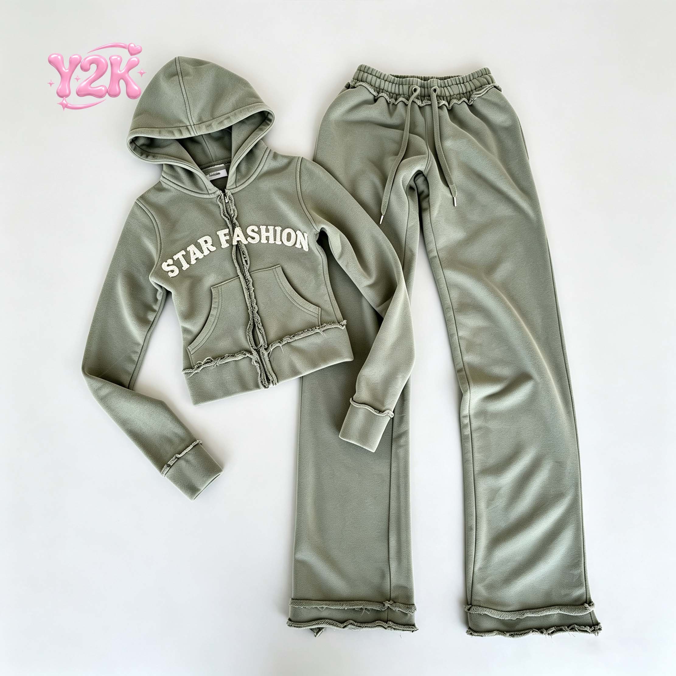 Custom Sage Green Distressed Hoodie & Wide Leg Pants 2pc Set