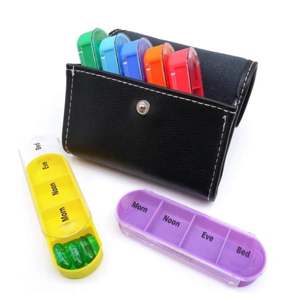 Hot selling  7 day 28 case colored pill box organizer in PU leather bag Weekly Large Travel Pill Organizer 4 Time a Day