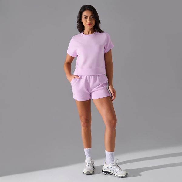 Lilac Yoga Activewear Short Sleeve Fleece Sweatshirt Shorts Set for Casual Wear