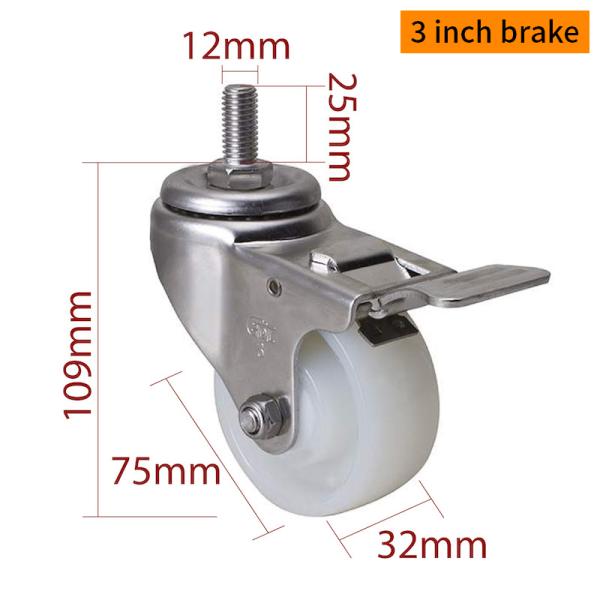 EDL 3Inch Stainless Steel Threaded Swivel/Brake Caster Loading 150Kg  S543S-25