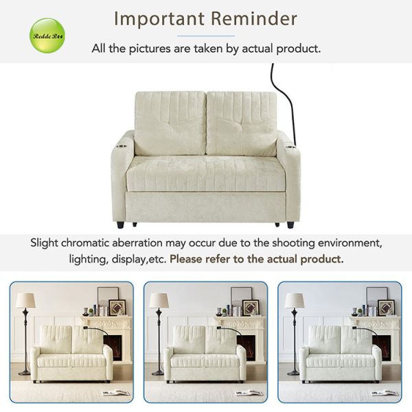 Modern Soft Chenille Fabric Convertible Sofa Bed with USB Port & Cup Holder & Phone Stand 2 Seater Sofa Pull Out Sleeping Sofa Bed
