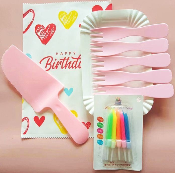 Plastic or Paper Bag Inner Package Birthday Cake Cutlery Set with Knife Fork and Plate