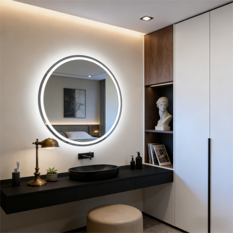 Customized Round Shape Led Mirror Lights Salon Vanity Dressing Table Mirror with Lights 5mm Copper Free Silver Mirror Modern