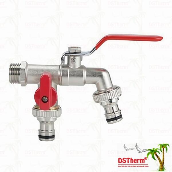 Brass Economic Double Outlet Bibcocks Nickel Plated Tap With Red Handle 1/2*3/4*3/4