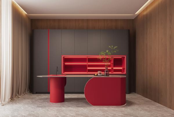 Line Shaped Stainless Steel Kitchen Cabinet With Black And Red Accent Design