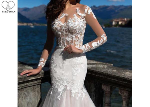 Unique White Long Sleeve Lace Bridal Gowns Perspective Waist Back Long Fishtail