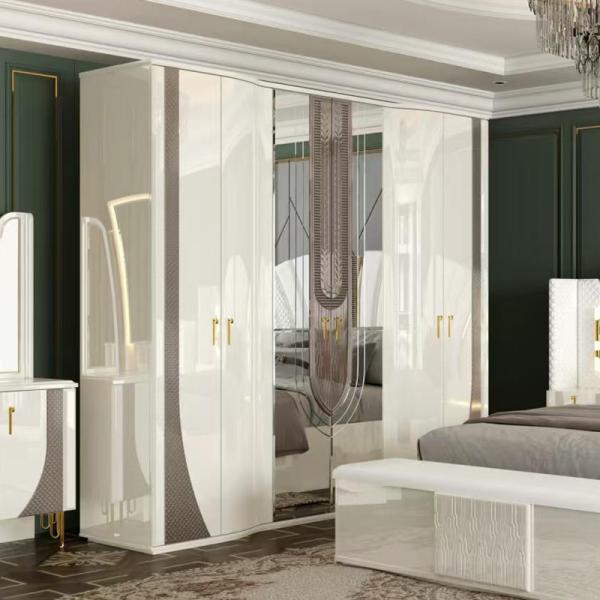 OEM en gros Blanc Royal Luxury Double lit King Size Chambre principale maison moderne cadre en bois ensemble de meubles de chambre complète