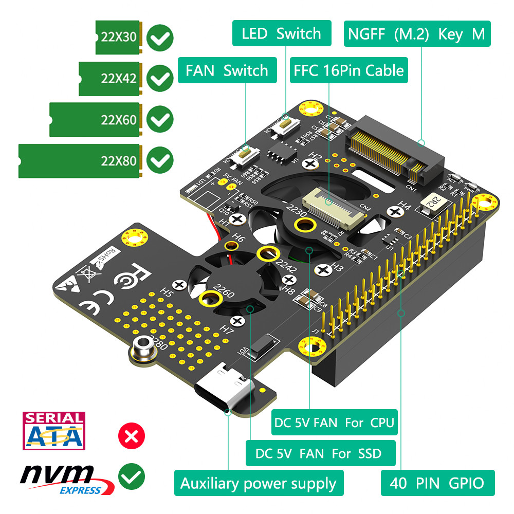 3 в 1 комбо M.2 NVMe SSD к адаптеру PCI-E для Raspberry Pi 5