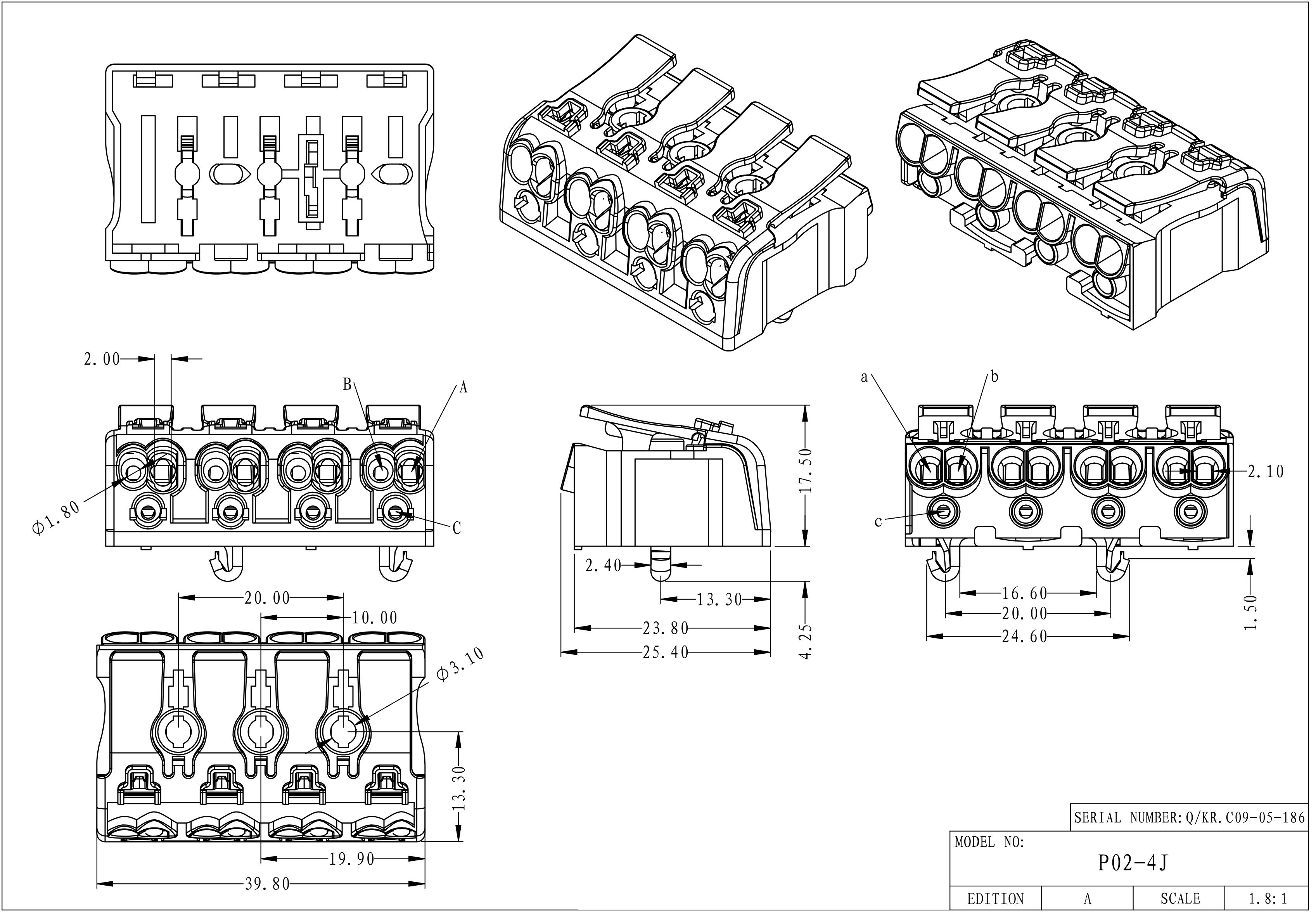 2 3 4 5 нажим Screwless снабжения жилищем PA портов 450V 24A 0.5-2.5mm2 в соединителе провода для света СИД
