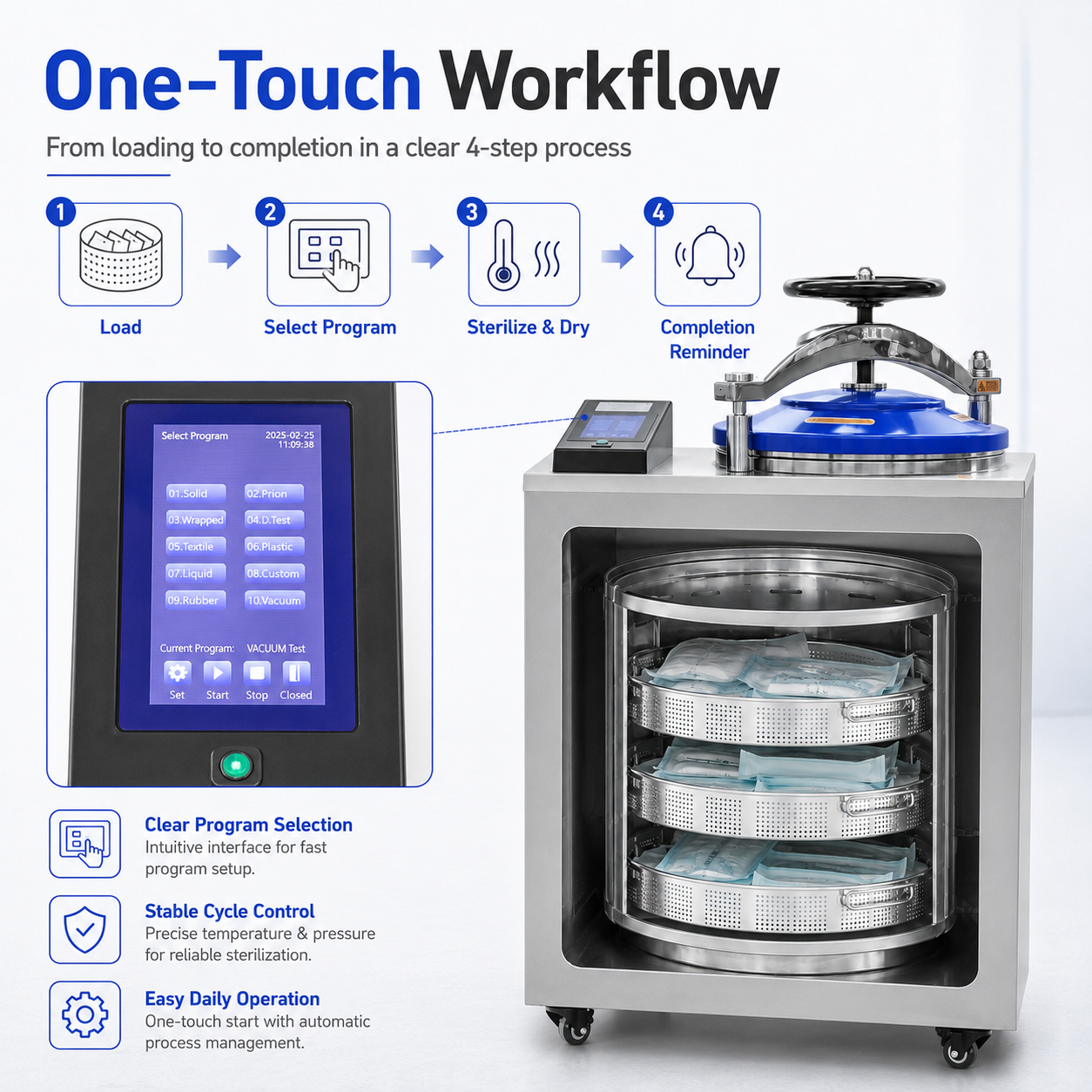 Cenlee Quality Control Lab Use 35/50/75/100L Stainless Steel High Temperature Triple-pulse Vacuum Vertical Steam Sterilizer