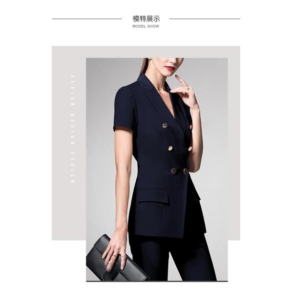 Тёмный военно-морской стиль стройный блейзер для дам офис короткий рукав женские костюмы воротник V-шесть
