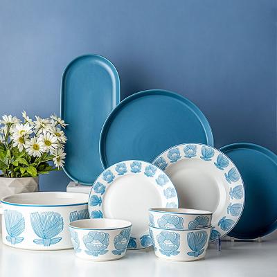 Conjunto de louça de cerâmica de estilo europeu azul Alice para mesa de cozinha em design elegante