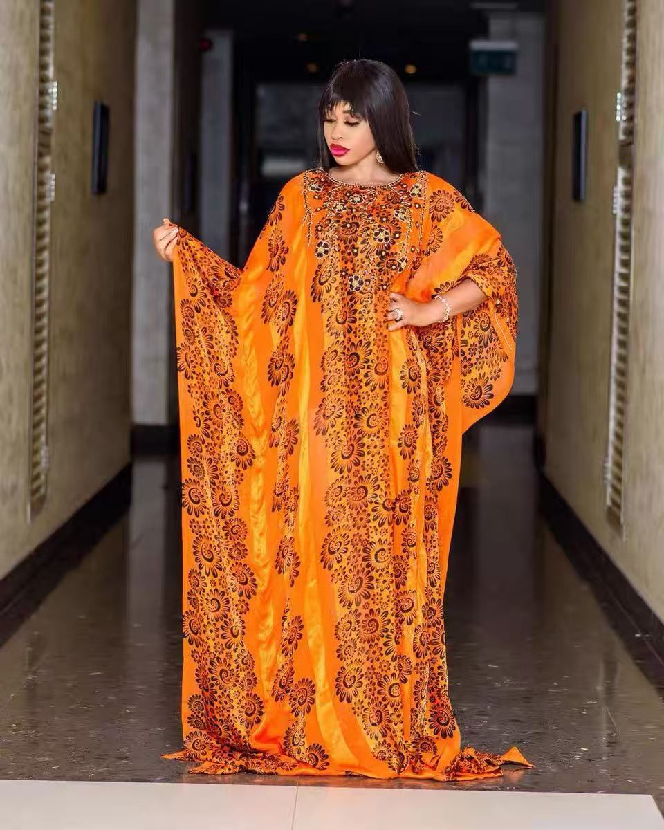 Women’s African Kaftan Embroidered Long Dress with Floral Printed Design and Adjustable Studded Belt - Machine Washable